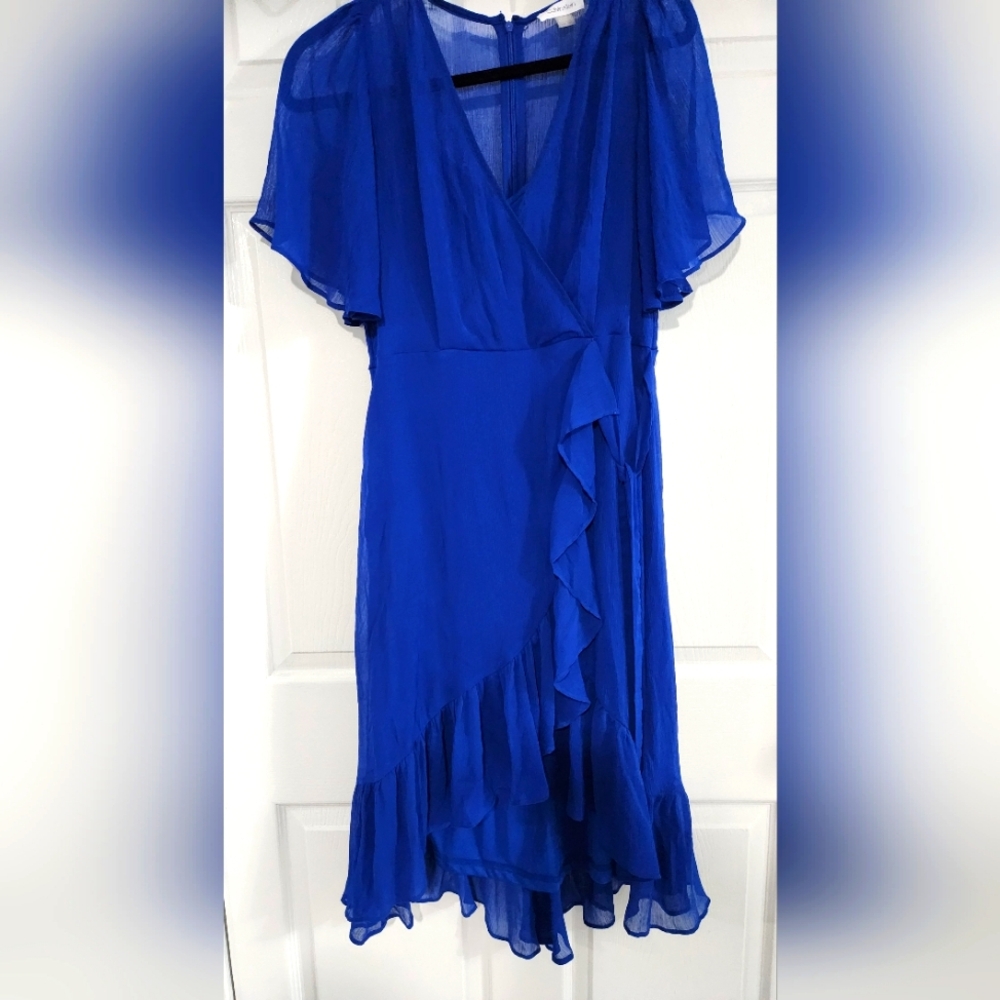 Calvin Klein Cobalt Blue Ruffle Trim Faux Wrap Dress, 8